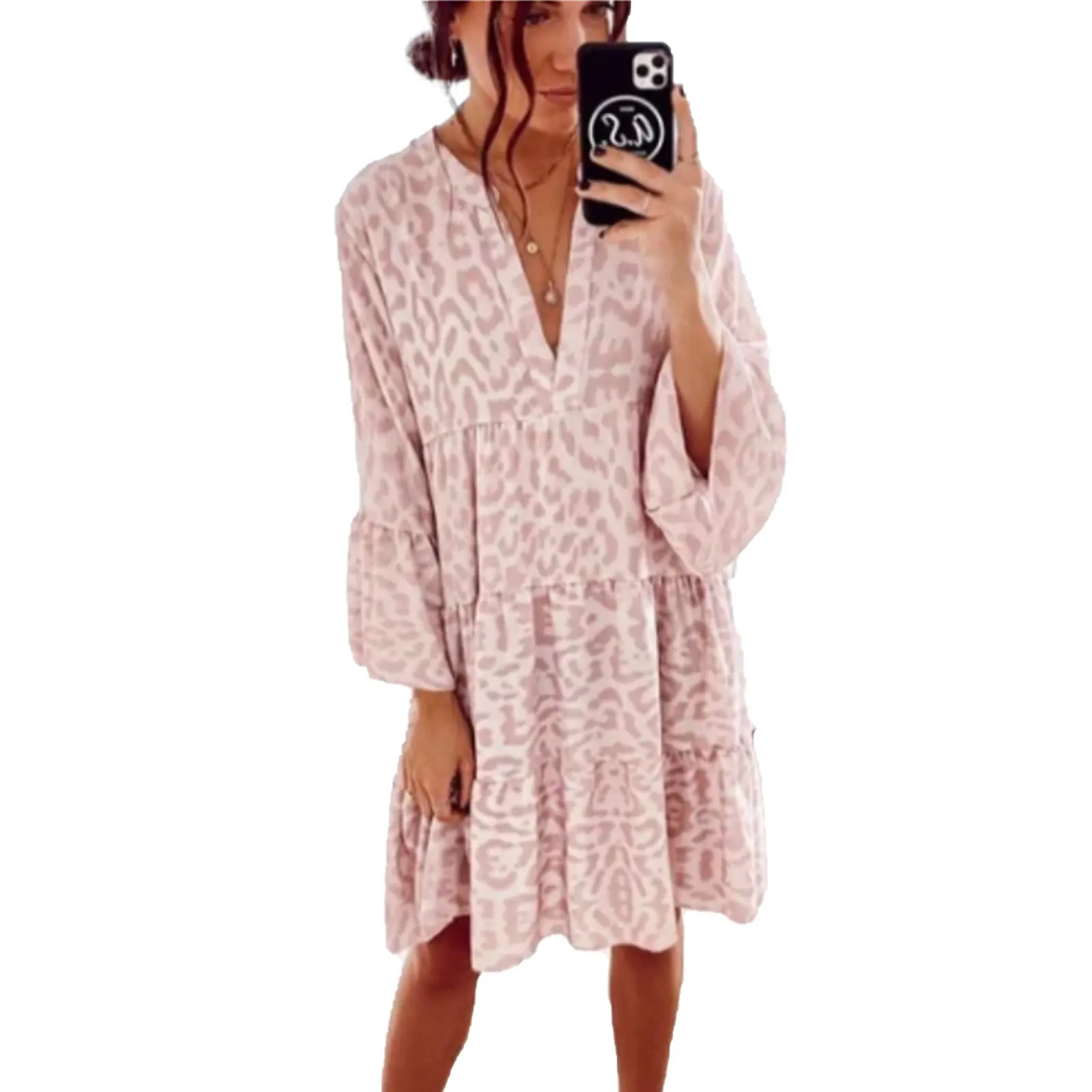 

Ladies Fashion Leopard Print Dress, Adults Autumn Loose Flare Sleeve V-neck High Waisted One-piece