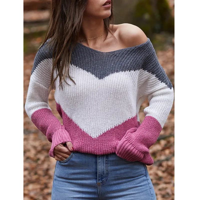 

Lady Jumper Sweater Streetwear Tops Winter Fashion Long Sleeve Striped Knitwear Loose V Neck Knitted Pullovers 2020