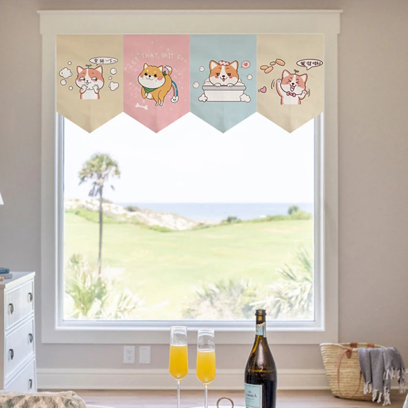 

Creativity Lovely Cartoon Dog Patterm Triangle Door Curtains Deocr Kitchen Bedroom Window Partition Short Hanging Half curtains