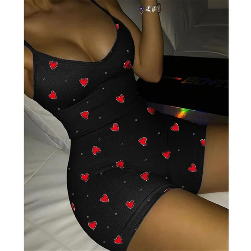 

2020 Lovely Heart Bodysuit for Women Sexy Club V-neck Sleeveless Rompers Ladies Summer Bodycon Jumpsuits Female Y2k Fall Witner