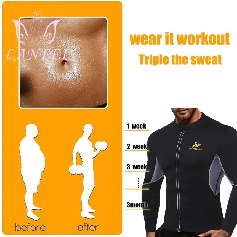 LANFEI Men Weight Loss Shirt Workout Neoprene Waist Trainer Body Shaper Tank Top Sweat Sauna Suit Exercise Fitness Long Sleeve