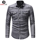 Джинсовая рубашка мужская приталенная, вареная блуза из денима, Повседневная Уличная ковбойская рубашка, уличная одежда, XXXL, весна-осень