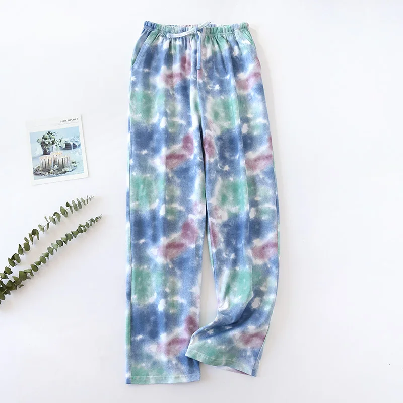 

Japanese trousers cotton knitted tie-dye women's spring and summer thin section high waist loose mouth home pants large size loo