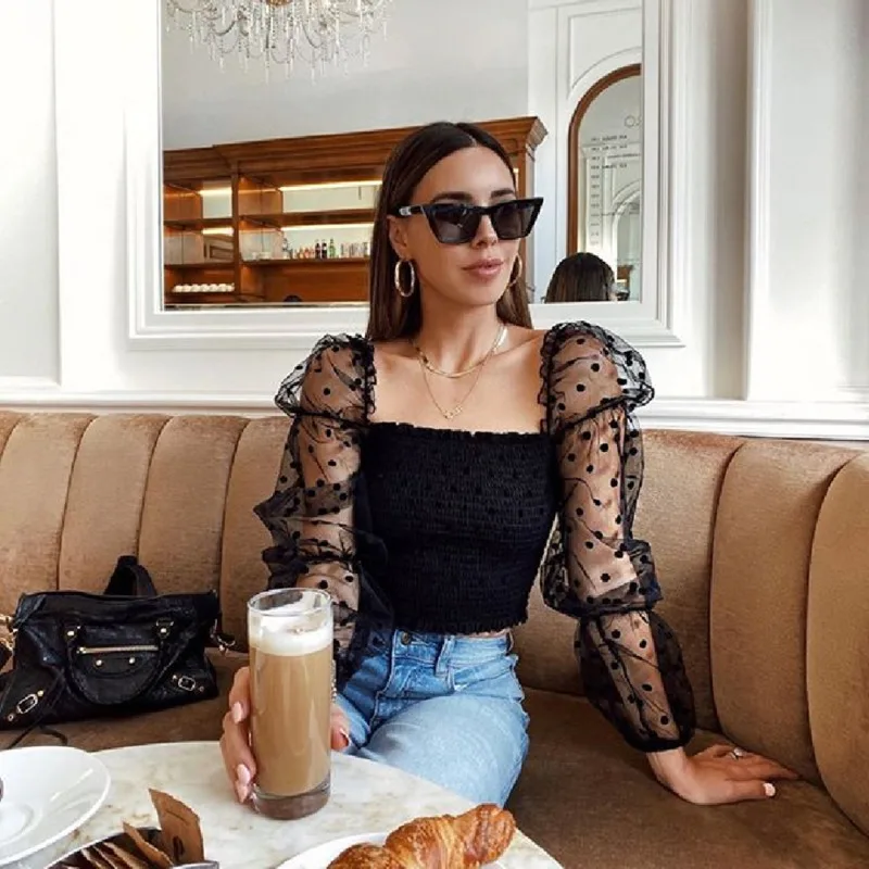 Женский короткий топ с пышными оборками прозрачная Сетчатая футболка составного