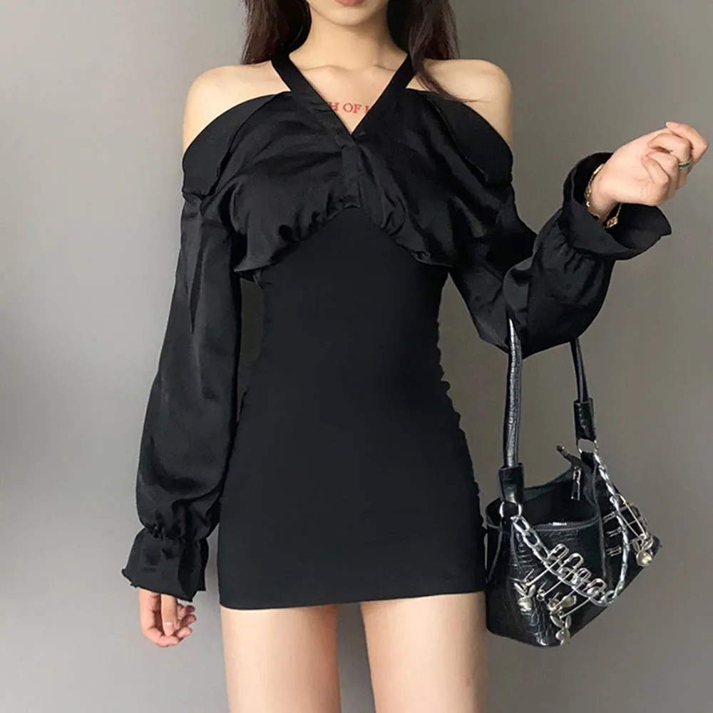 

2021 European American Style Autumn Women's Solid Color Slim High Waist Fashion Strapless Sexy Halter Dress Fashion High Street