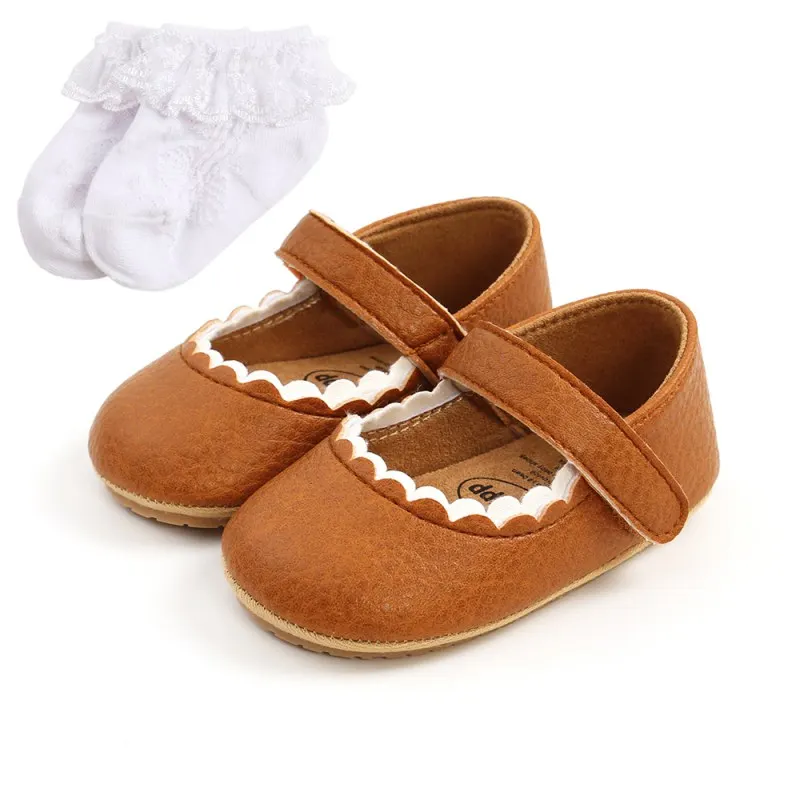 

Solid Baby Casual Shoes Baby Girls PU Leather First Walkers Soft-soled Toddler Shoes + Socks Two Pieces Prewalker 0-18M