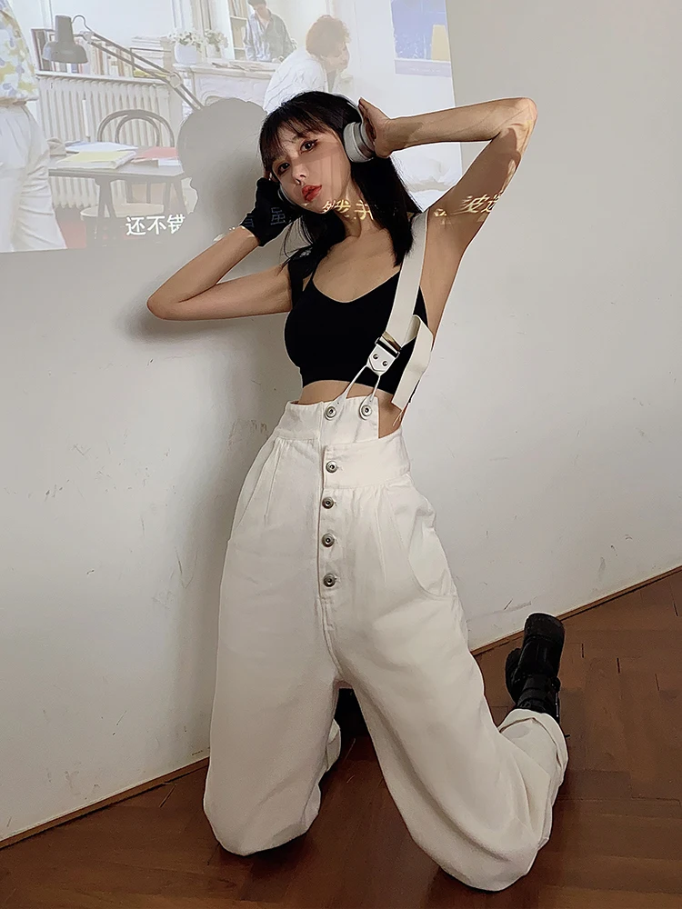 

Harajuku Jumpsuit Women's Button Single Elastic Bib Pants Women Casual Streetwear Hip-Hop Cool Ulzzang Wild Chic