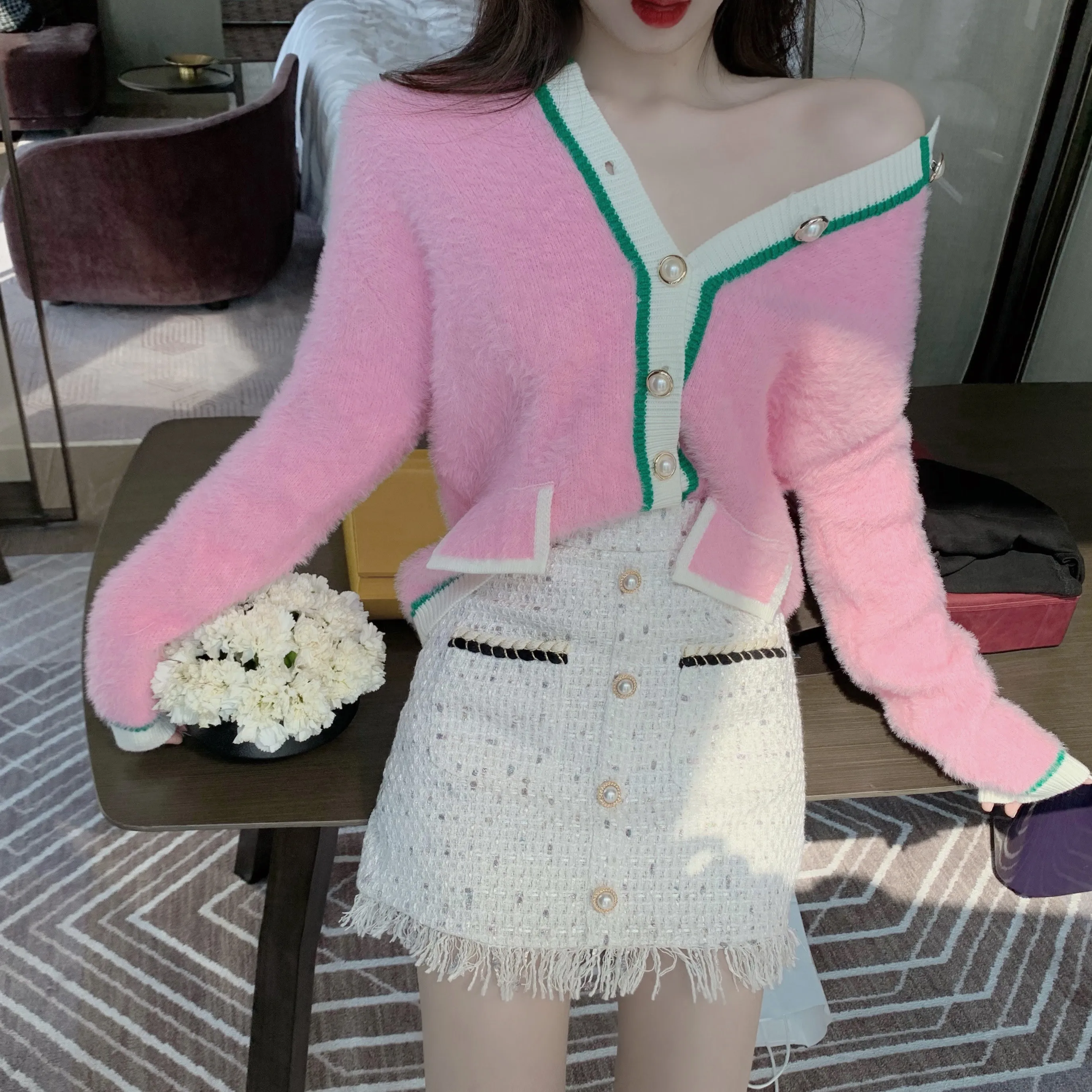Женский укороченный свитер Ulzzang розовый свободный дизайнерский кардиган в