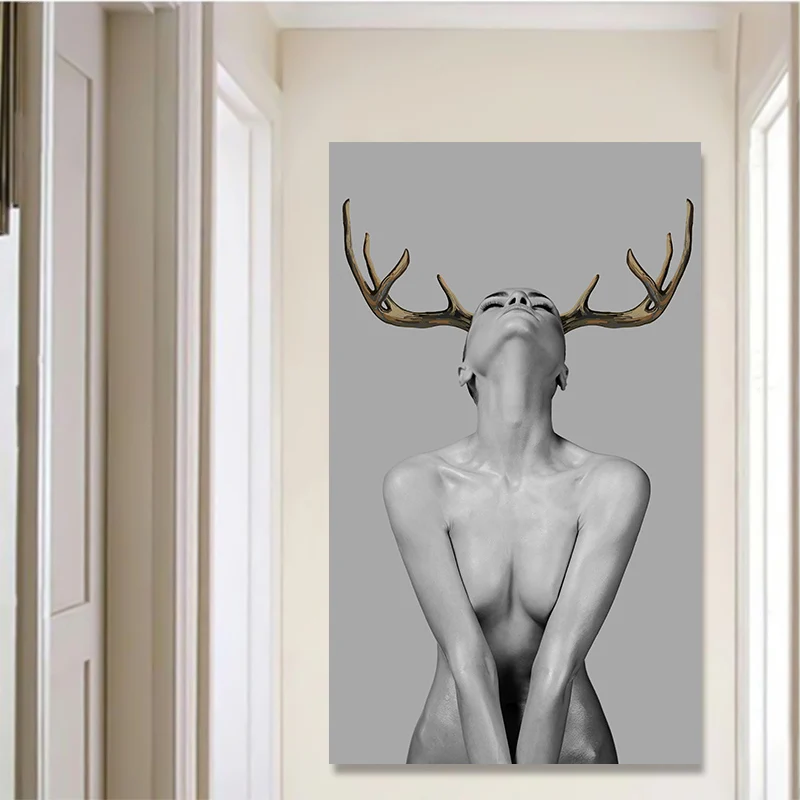 2 панели Современные Сексуальные Женщины Золотые олени оленьи рога Настенная