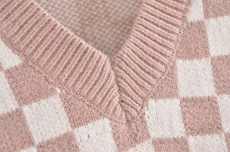 

MosiMolly Knit Plaid Sweater Vest Women V neck Sleeveless Sweater Jumper Knits Pullover