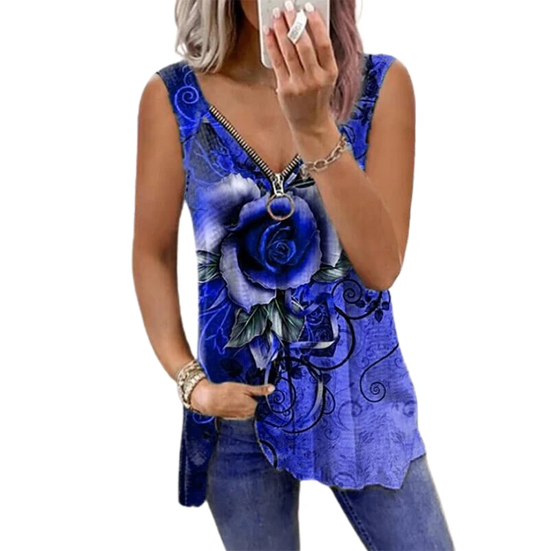 

Женский жилет с цветочным принтом розы, футболка без рукавов с V-образным вырезом и молнией, юбка-брюки для лета, HSJ88