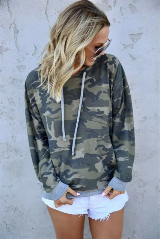 

New 2019 Autumn Women Long Sleeve Hooded Camouflage Hoodie Sweatshirt Jumper Hooded Pullover Crop Top