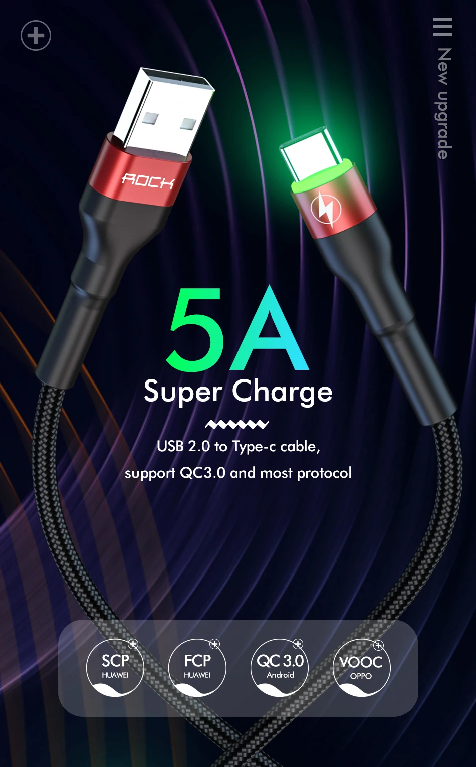 ROCK 5A Metal Led Light USB Type C Cable For Xiaomi Redmi Samsung OnePlus Huawei Mate 20 Pro Fast Charging Data USB C Quick 3.0