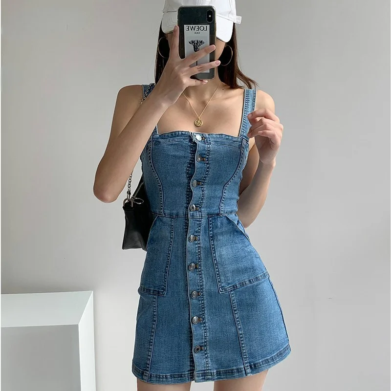 

Summer Women Dress Mini Denim Single Breasted Ins Bodycon Vintage High Waist Spaghetti Strap Off Shoulder A-line Dress New
