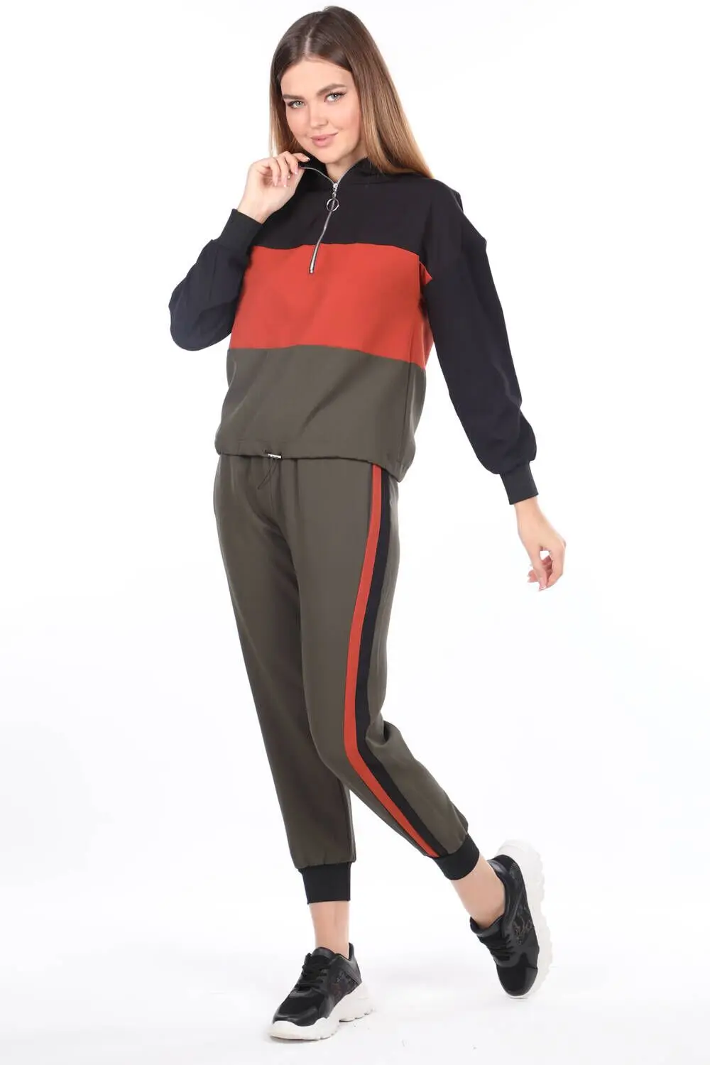 

Hooded Fitted Khaki Women Tracksuit Set