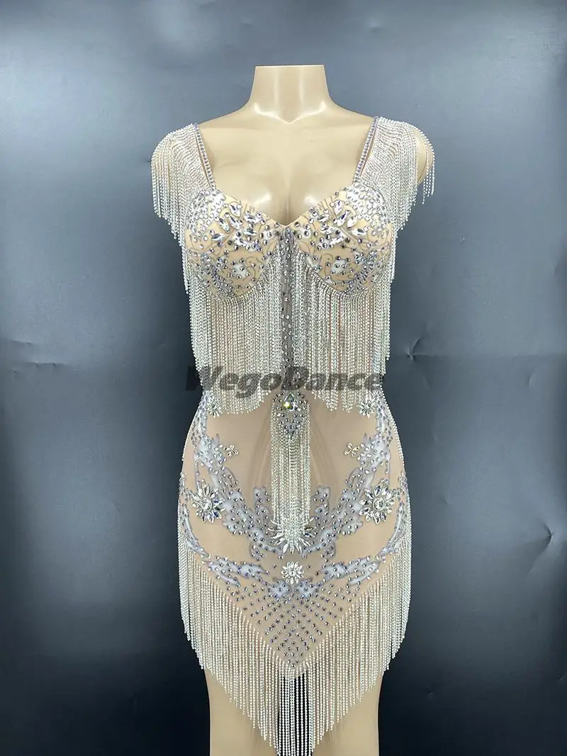 

Блестящее серебряное Прозрачное платье стразы с бахромой женское платье для празднования дня рождения сетчатый наряд бара женский танцор