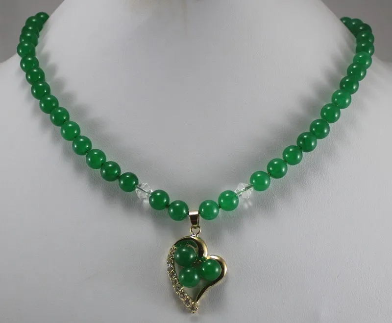 

Оптовая продажа 18 "темно-зеленый натуральный jadenecklace & kgp сердце инкрустация 3 нефритовый бисер кулон nacklace