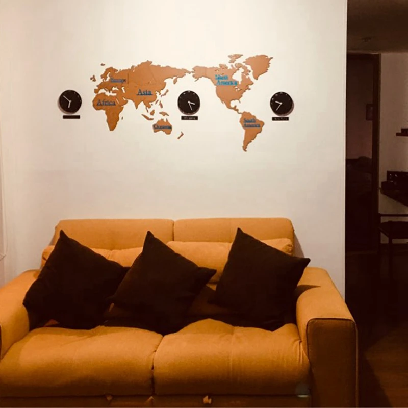 

New Wall Clock DIY 3D World Map Wooden MDF Watch Wall Clock Modern Design European Style Round Mute Relogio De Parede