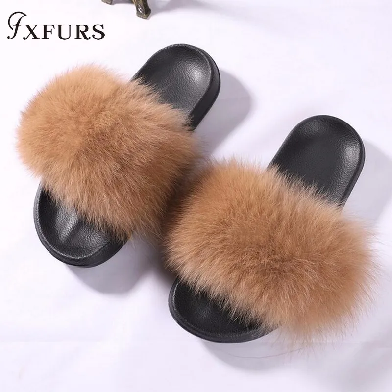 FXFURS/Новинка года; женские натуральный мех лисы шлепанцы; летние модные меховые сандалии; пляжные сандалии; пушистые удобные меховые вьетнамки