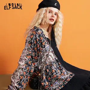 Женская повседневная куртка ELFSACK, черная бейсбольная куртка в этническом стиле с цветочным принтом и длинными рукавами, осень 2020