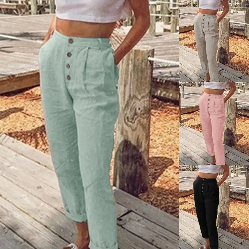 

Women's Pants Casual Solid Color Cotton Linen Long Straight Pants Harajuku High Waist Button Closure Wide Leg Pants Trousers
