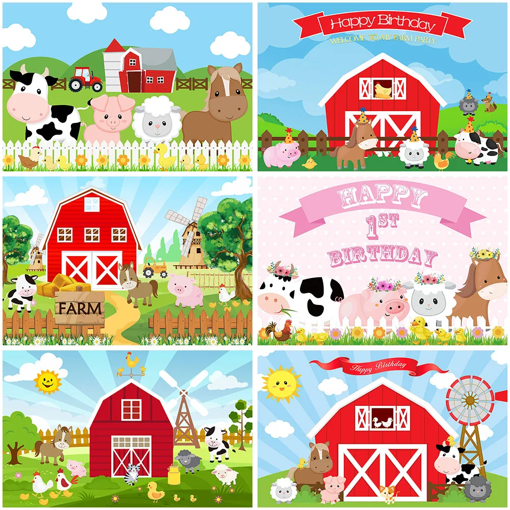 

Mocsicka Farm Theme Photography Backdrops Red Barn Barnyard Tractor Animals Photo Background Kids Birthday Party Backdrop