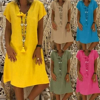 seven eight code solid color short sleeved linen v neck dress