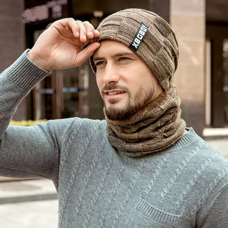 2 шт. ретро мужские шапки Skullcap и теплый шарф на шею комплект Зимний вязаный