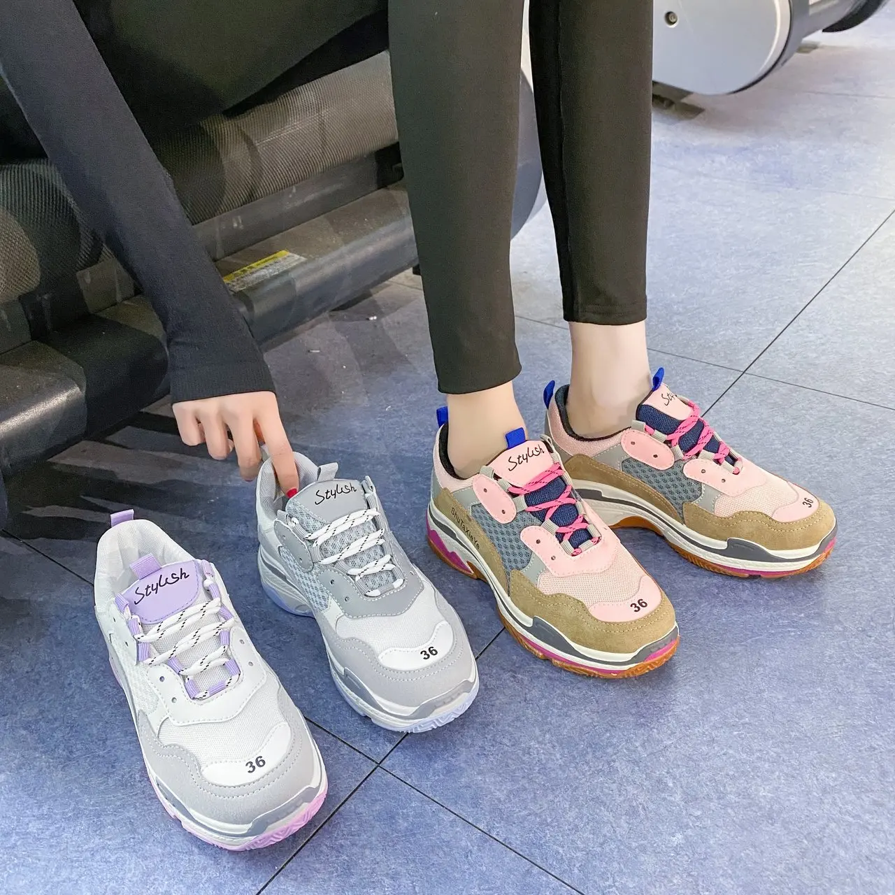 

New Arrival Women's Spring,Summer Platform Sneakers Pink,Gray Rubber Sole Shoes.Running Tennis Shoes For Chunky , Casual Shoes