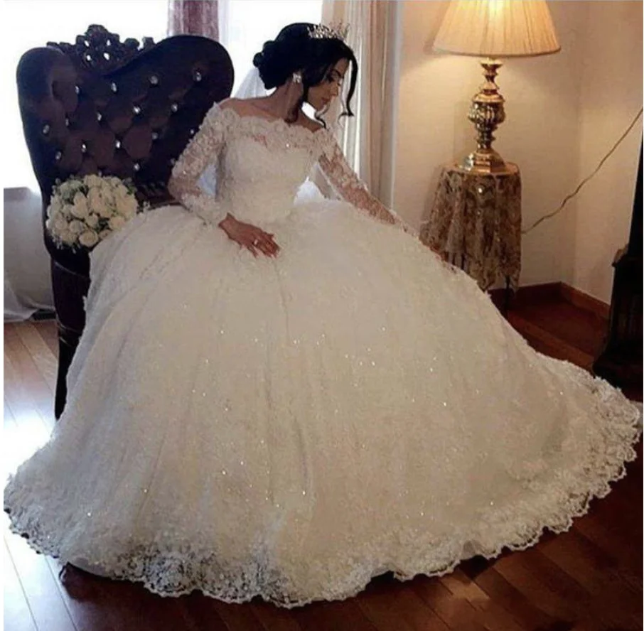 JIERUIZE Luxury Sequin Lace Wedding Dresses Long Sleeves Off Shoulder Ball Gown Bridal Gowns Appliques Up robe de mariee | Свадьбы и