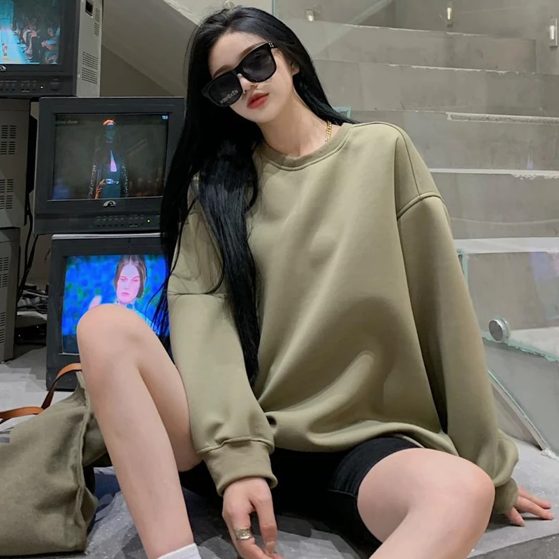 

2021 Women's Hoodies Autumn Winter New Pullover Fashion Korean Casual Female Loose Solid Sweatshirt
