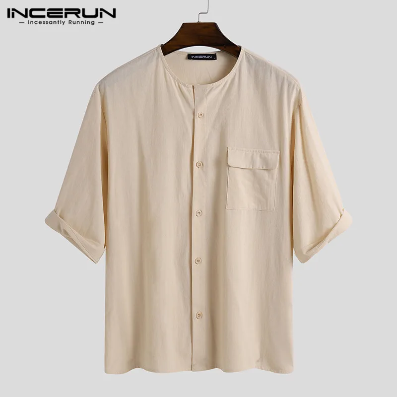 

Мужские рубашки для мальчиков с коротким рукавом Хлопковая блузка с круглым вырезом INCERUN в винтажном стиле; Однотонные Цвет человек пуговиц...