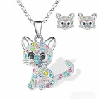 Модное ожерелье с подвеской в виде кота, стразы, радуга, мультяшное животное, кот, розовый, синий, ожерелье для женщин и девочек, ювелирное изделие для дочери и ребенка