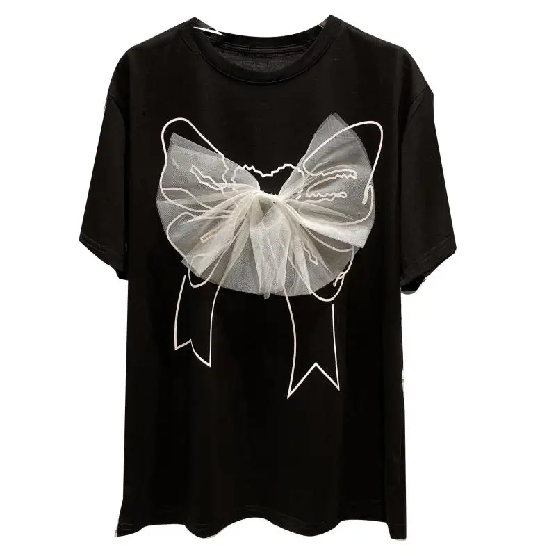 

2021 Summer Women T Shirt 3d Bow Mesh Big Bow Tie Fairy Short Sleeve T-shirt