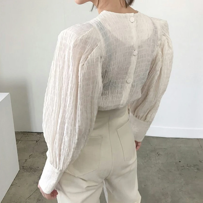 

Kimotimo 2021 Fall Fashion Folds Shirts Women Korean Simplicity Turn-down Collar Ladies Tops Solid Lantern Sleeve Design Blouse