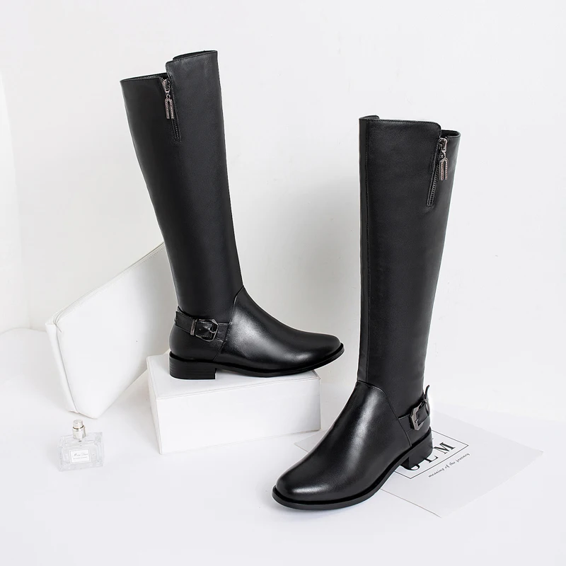 

Concise Genuine Leather low Heels Women Vintage Knee High Boots Party Prom Shoes Woman Winter Side Zipper Long Boots size 42 43