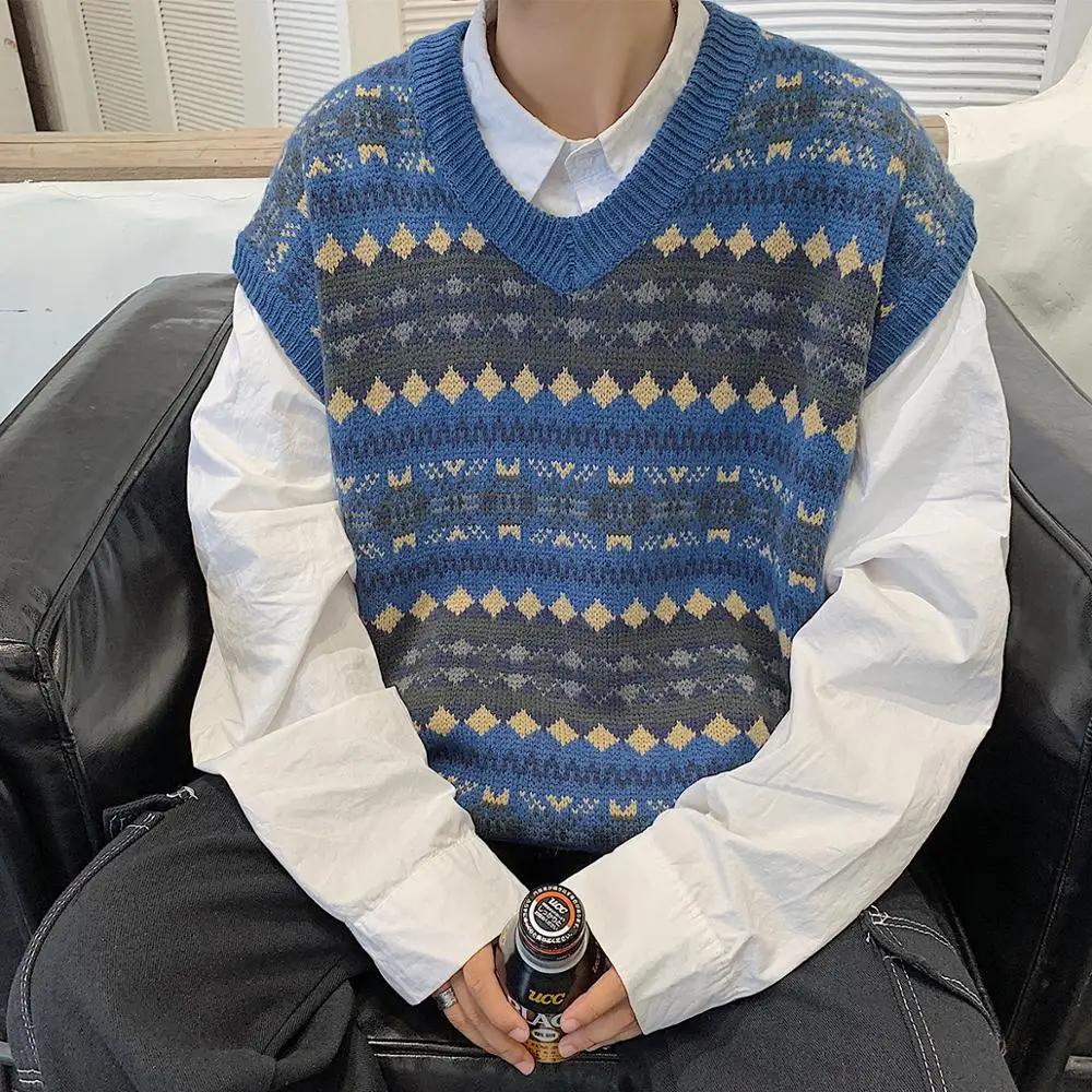 Свитер-жилет мужской вязаный, Повседневный пуловер свободного покроя с V-образным вырезом, уличная одежда в стиле ретро, S-XL от AliExpress WW