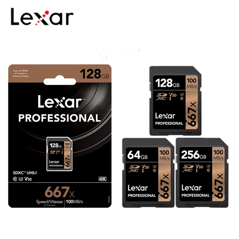 Карта памяти Lexar 667X SD 100 МБ/с./с флеш-карта 256 ГБ 128 Гб 64 SDXC V30 U3 Class 10 для 4K Full HD