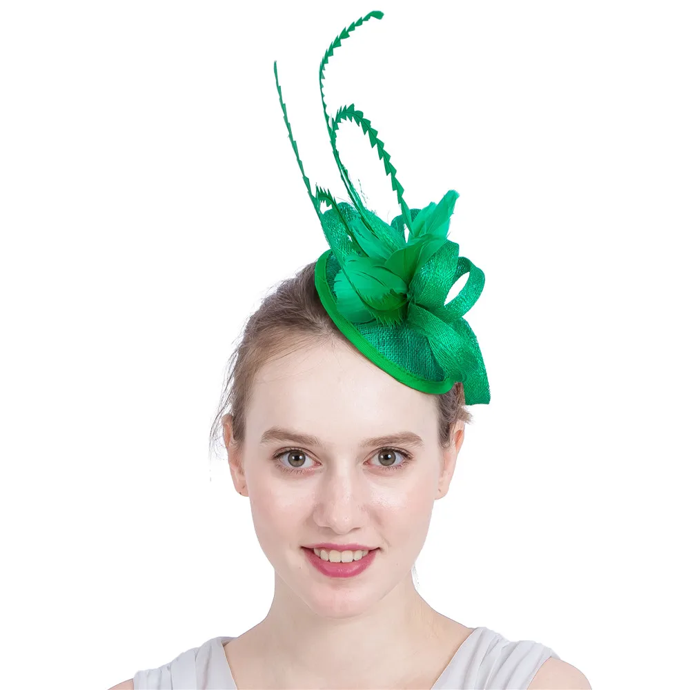 Женская Элегантная шляпка Вуалетка Sinamay с зелеными волосами и перьями шляпки для