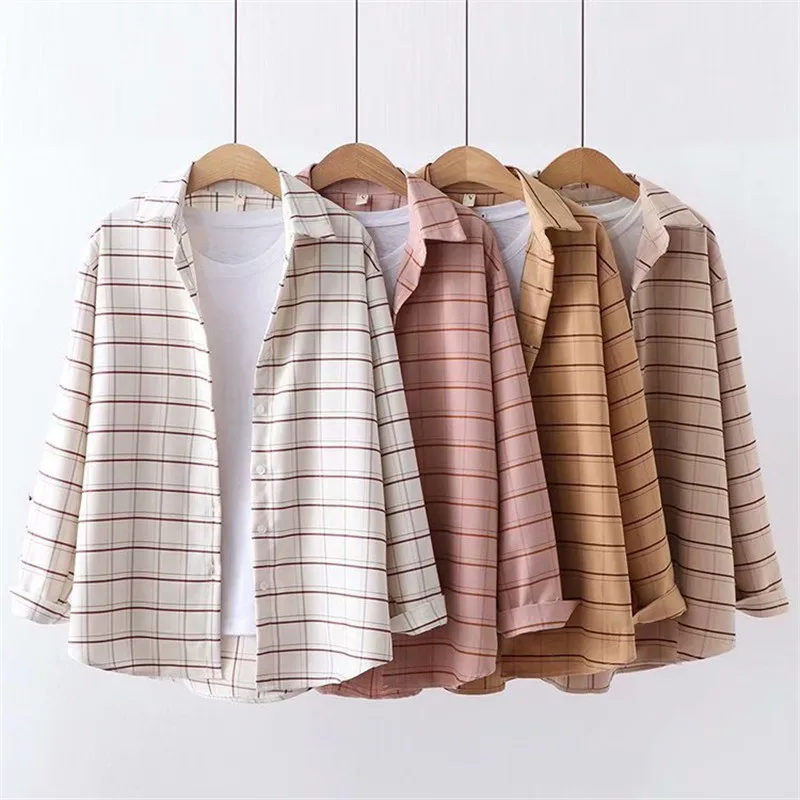 Женская хлопковая клетчатая блузка Повседневная Свободная с длинным рукавом