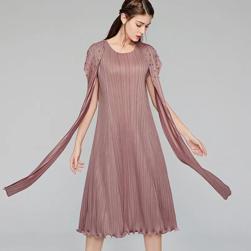 

Платье женское Плиссированное средней длины, однотонное свободное эластичное платье без рукавов, с круглым вырезом, с бусинами, для лета, ...