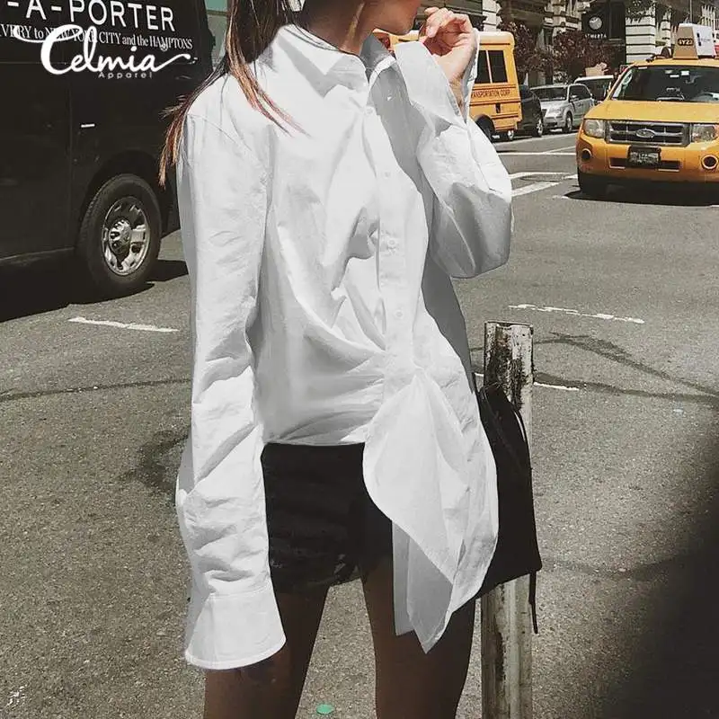 

Женские свободные белые блузки Celmia, стильные Асимметричные рубашки, Осенние повседневные топы с длинным рукавом, однотонные женские блузки...