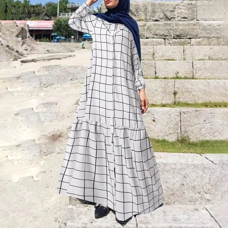 Элегантный клетчатый Макси Сарафан с круглым вырезом и длинным рукавом ZANZEA женское винтажное мусульманское платье весеннее Abaya хиджаб плат...
