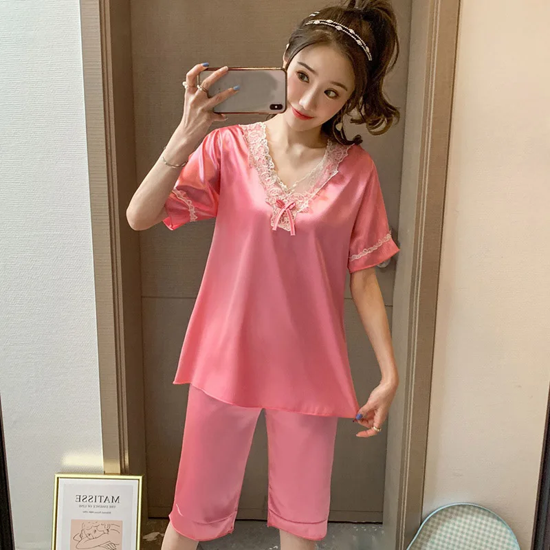 

Summer Satin Silk Pajamas Set Women Lace V-neck Short-sleeved Top Shorts Suit Loose Casual Solid Color 2 Pcs Home Wear Sets 04