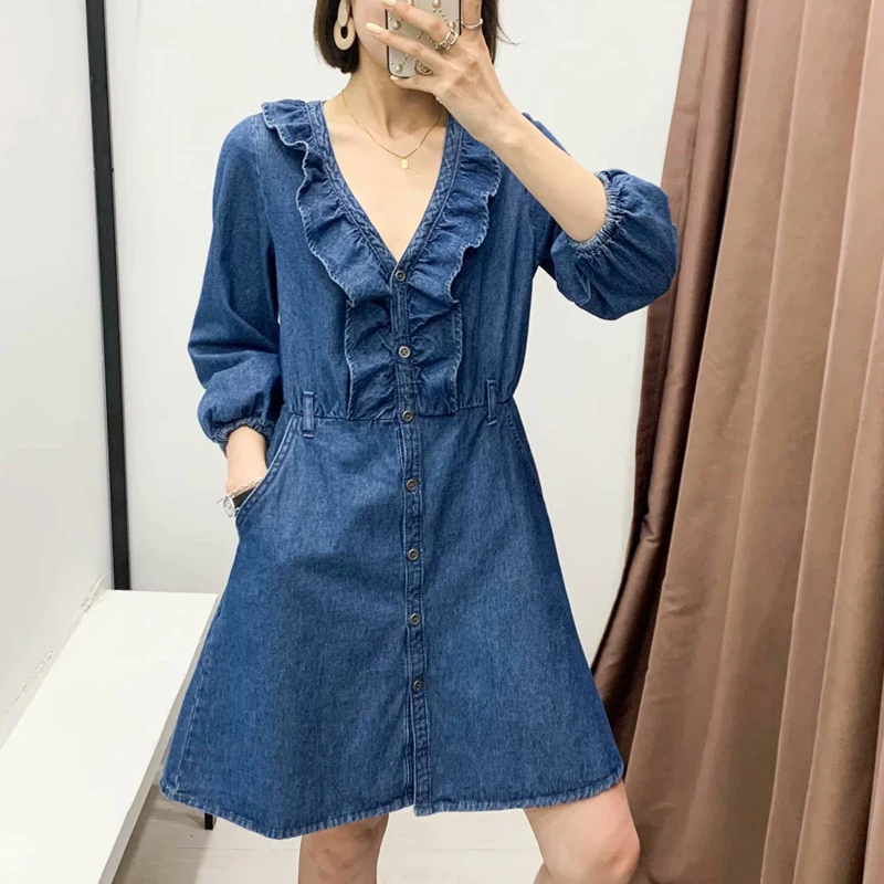 Винтажное Синее джинсовое платье весна-осень 2020 сексуальные женские мини-платья