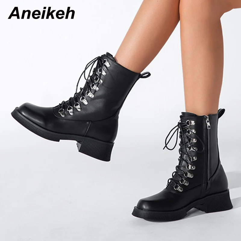

Обувь для верховой езды Aneikeh, женские зимние сапоги из искусственной кожи в римском стиле с перекрестной шнуровкой, сапоги на молнии на плат...