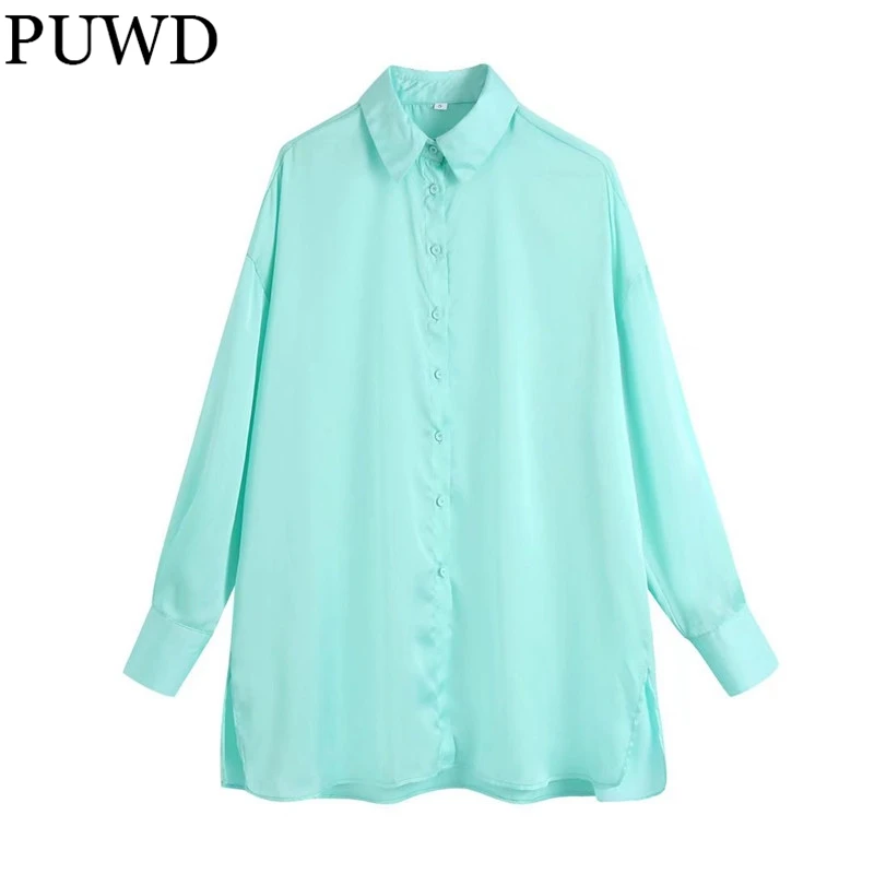 

PUWD Oversize Women Turn-down Collar Silk Satin Texture Blouse 2022 Spring Fashion Ladies Casual Loose Shirt Female Green Shirt