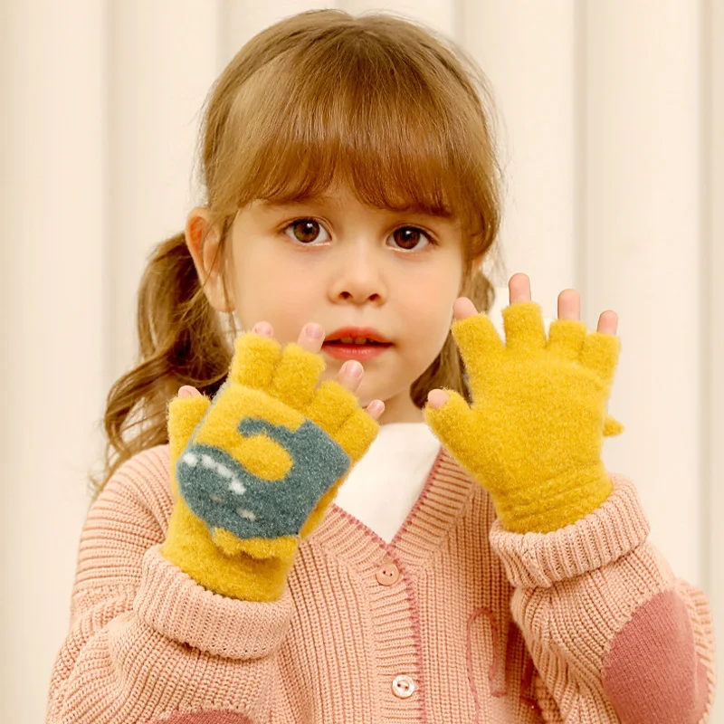 Детские зимние перчатки, теплые плотные вязаные перчатки без пальцев для мальчиков и девочек, перчатки без пальцев, Детские откидные перчат...