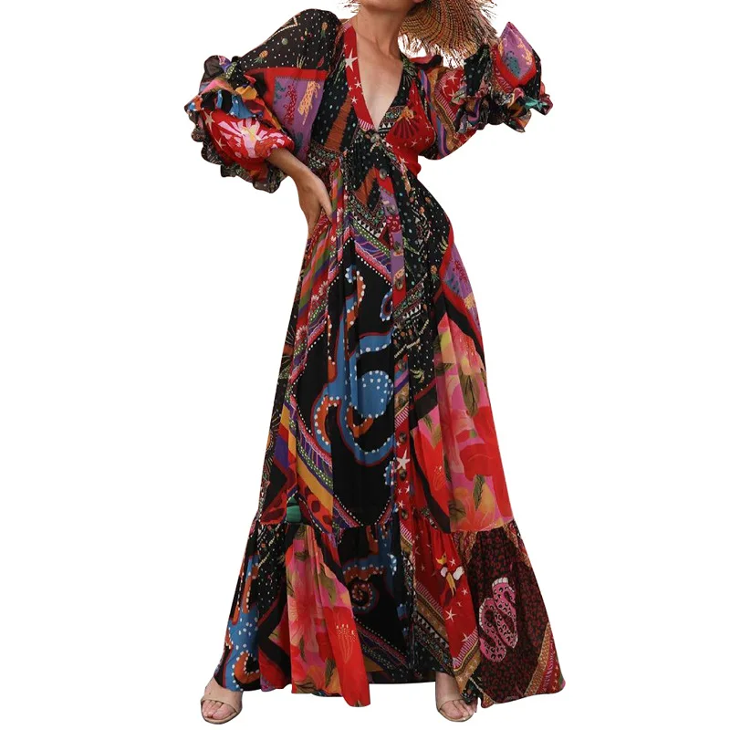 

BAMBOOBOY 2021 Women Elegant Vintage Printed V-Neck Long Sleeve Bohemian Casual Beach Maxi A Line Dress FD370