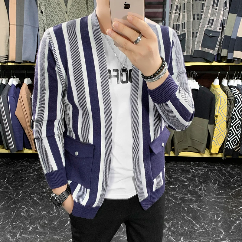 

2Colors Autumn New Fashion Vertical Stripes Cardigan Men Clothing 2021 Simple Slim Fit V Neck Casual Knitted Sweater Pull Homme